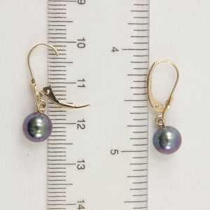 14K Yellow Gold Black Round Pearl Leverback Earrings