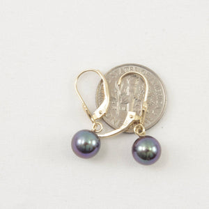 14K Yellow Gold Black Round Pearl Leverback Earrings