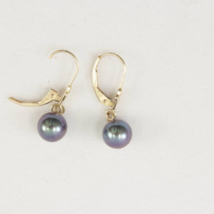 14K Yellow Gold Black Round Pearl Leverback Earrings