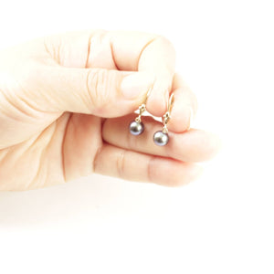 14K Yellow Gold Black Round Pearl Leverback Earrings