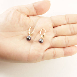 14K Yellow Gold Black Round Pearl Leverback Earrings