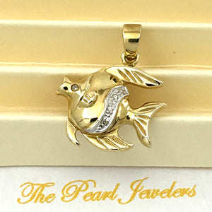 14k Solid Yellow Gold Marine Fish Diamond Pendant Necklace