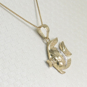 14k Solid Yellow Gold Marine Fish Diamond Pendant Necklace