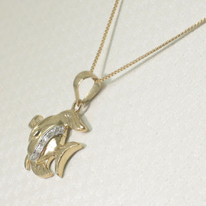 14k Solid Yellow Gold Marine Fish Diamond Pendant Necklace