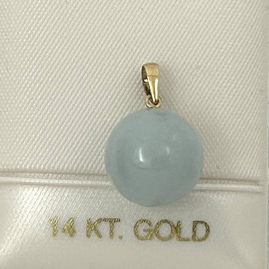 14k Solid Yellow Gold 12 mm Round Bead Celadon Green Jade Pendant Necklace