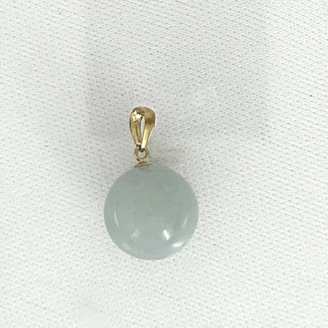 14k Solid Yellow Gold 12 mm Round Bead Celadon Green Jade Pendant Necklace