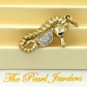14k Solid Yellow Gold Seahorse Diamond Pendant Necklace