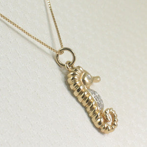 14k Solid Yellow Gold Seahorse Diamond Pendant Necklace