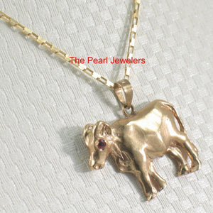 14K Solid Yellow Gold Chinese Zodiac Ox Pendant with Ruby Eye