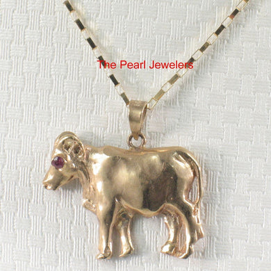 14K Solid Yellow Gold Chinese Zodiac Ox Pendant with Ruby Eye