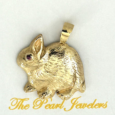 14K Solid Yellow Gold Chinese Zodiac Rabbit Pendant with Ruby Eye