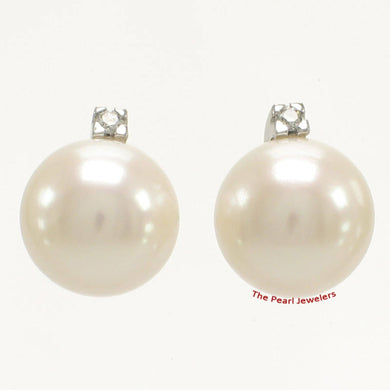 14K White Gold Diamond White Pearl Stud Earrings (10–11mm)