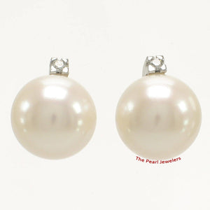 14K White Gold Diamond White Pearl Stud Earrings (10–11mm)