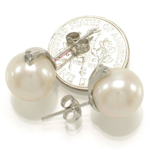 14K White Gold Diamond White Pearl Stud Earrings (10–11mm)