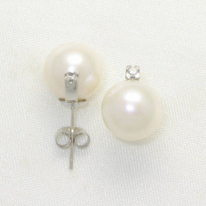 14K White Gold Diamond White Pearl Stud Earrings (10–11mm)