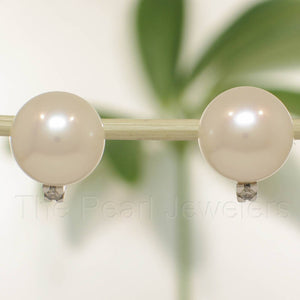 14K White Gold Diamond White Pearl Stud Earrings (10–11mm)