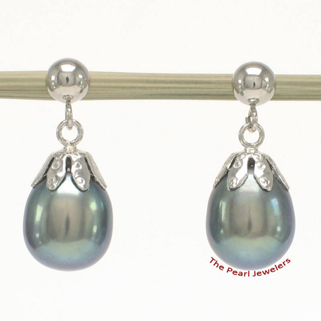 14K White Gold Claws Black Pearl Dangle Earrings