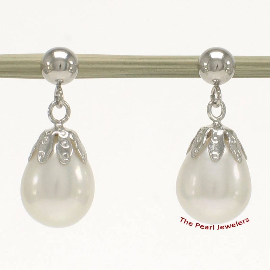 14K White Gold White Pearl Dangle Earrings with Claws