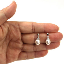 Load image into Gallery viewer, 14K White Gold White Pearl Dangle Earrings with Claws