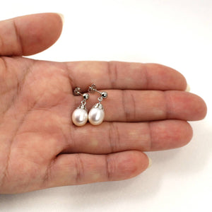 14K White Gold White Pearl Dangle Earrings with Claws