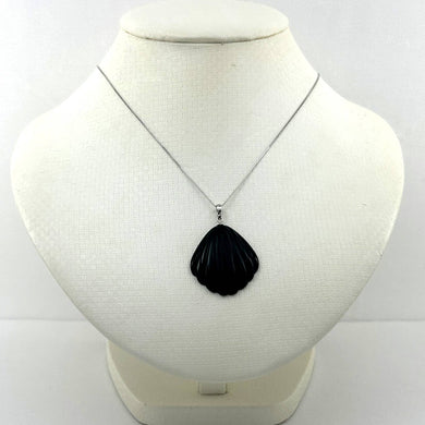 14k Solid White Gold Black Onyx Shell Pendant Necklace