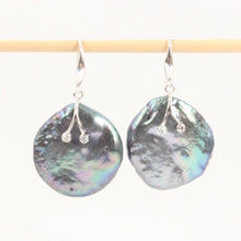 Load image into Gallery viewer, 14K White Gold Diamond Black Coin Pearl Hook Earrings