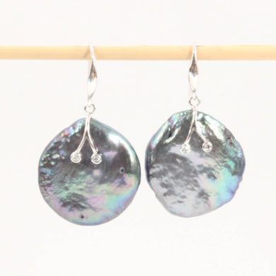 14K White Gold Diamond Black Coin Pearl Hook Earrings