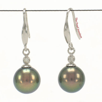 14K White Gold Black Round Pearl Hook Earrings with Diamonds