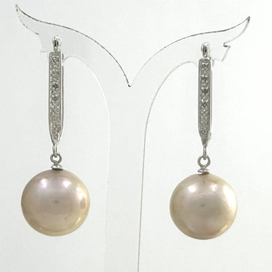 14K White Gold Diamond Pink Pearl Dangle Earrings