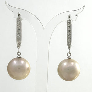 14K White Gold Diamond Pink Pearl Dangle Earrings
