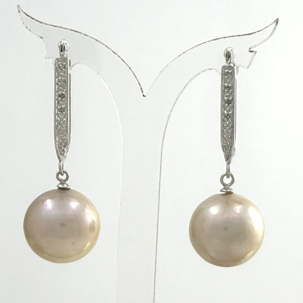14K White Gold Diamond Pink Pearl Dangle Earrings