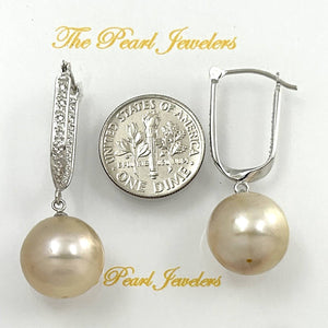 14K White Gold Diamond Pink Pearl Dangle Earrings