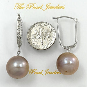14K White Gold Diamond Pink Pearl Dangle Earrings