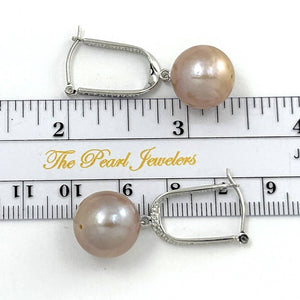 14K White Gold Diamond Pink Pearl Dangle Earrings
