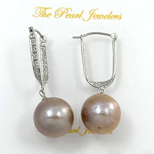 14K White Gold Diamond Pink Pearl Dangle Earrings