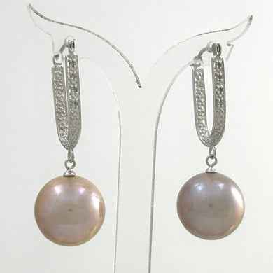 14K White Gold Diamond Pink Pearl Dangle Earrings