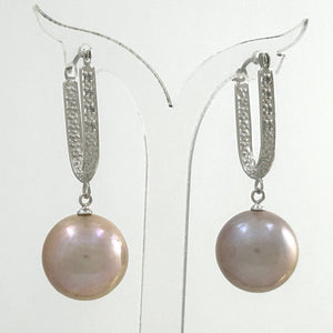 14K White Gold Diamond Pink Pearl Dangle Earrings