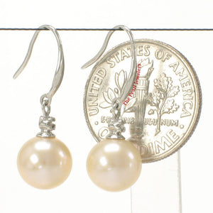 14K White Gold Peach Round Pearl Hook Earrings with Diamonds