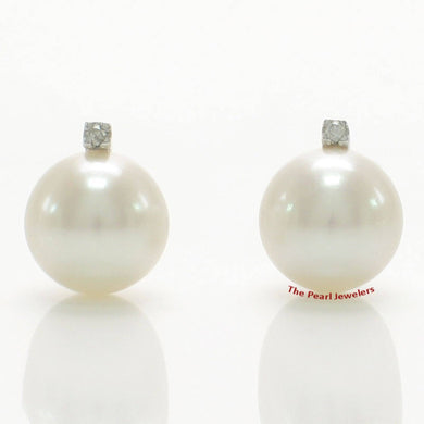 14K White Gold Diamond White Cultured Pearl Stud Earrings (8.5–9mm)