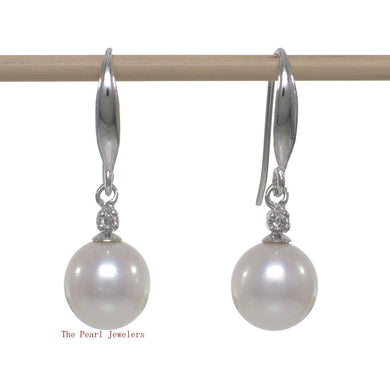 14K White Gold White Round Pearl Hook Earrings with Diamonds
