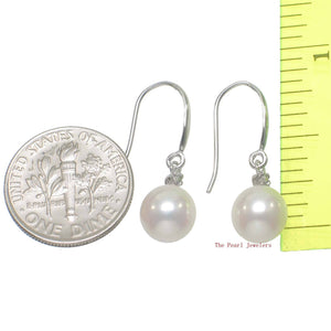 14K White Gold White Round Pearl Hook Earrings with Diamonds