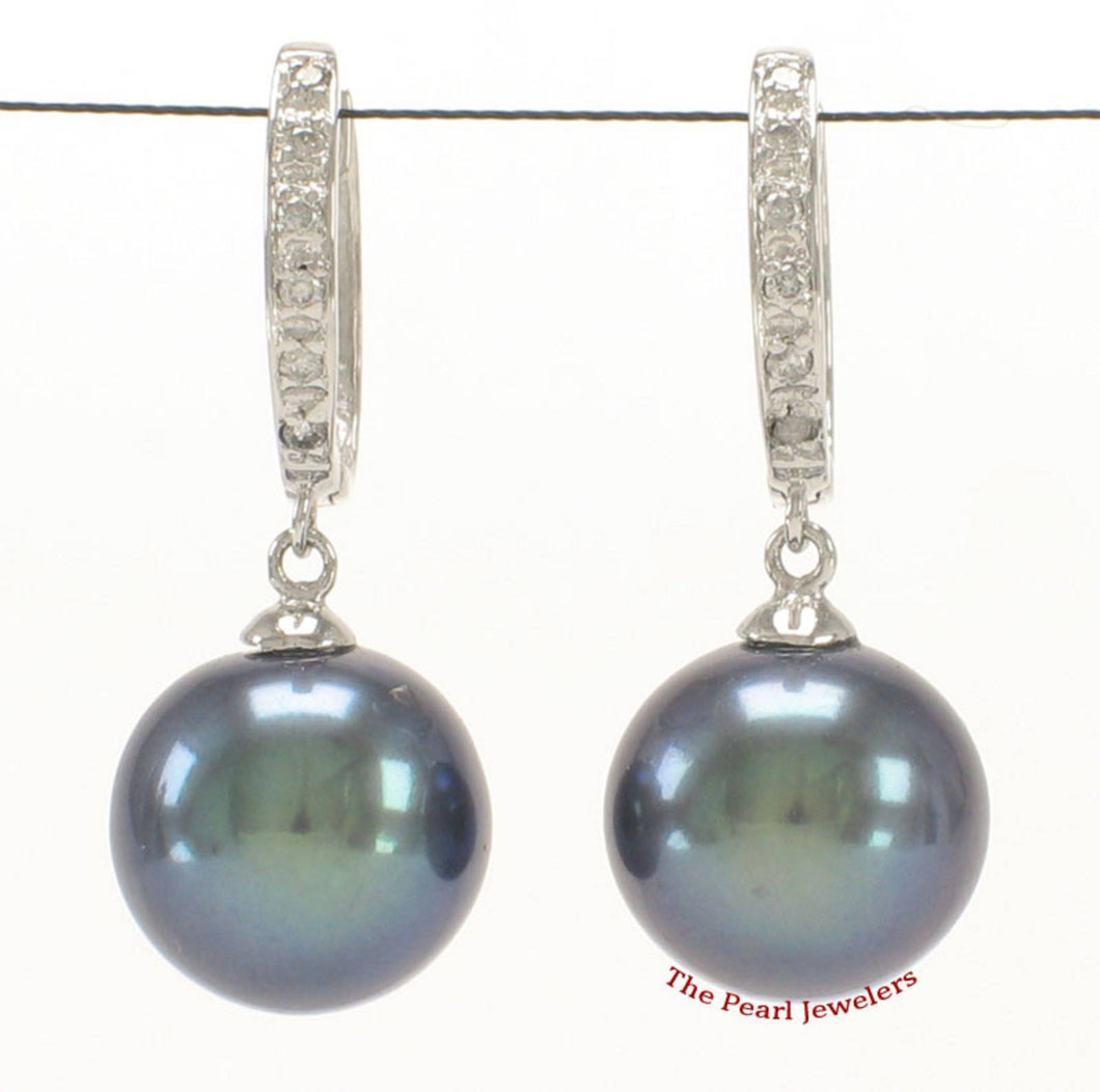 14K White Gold Diamond Black Pearl C Hoop Earrings