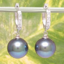 Load image into Gallery viewer, 14K White Gold Diamond Black Pearl C Hoop Earrings