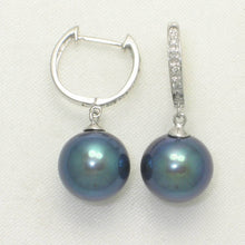 Load image into Gallery viewer, 14K White Gold Diamond Black Pearl C Hoop Earrings