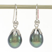 Load image into Gallery viewer, 14K White Gold Fish Hook Black Pearl Claw Earrings (7.5–8mm)