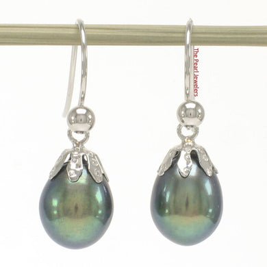 14K White Gold Fish Hook Black Pearl Claw Earrings (7.5–8mm)