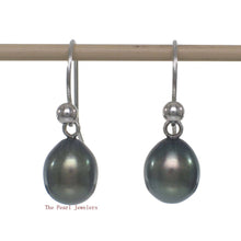 Load image into Gallery viewer, 14K White Gold Black Pearl Fish Hook Dangle Earrings