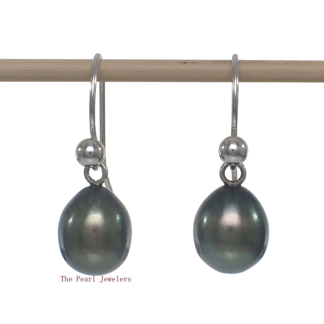 14K White Gold Black Pearl Fish Hook Dangle Earrings