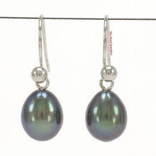 Load image into Gallery viewer, 14K White Gold Black Pearl Fish Hook Dangle Earrings