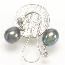 Load image into Gallery viewer, 14K White Gold Black Pearl Fish Hook Dangle Earrings